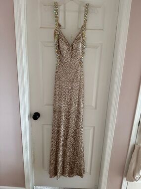 La Femme Rose Gold Sequin Evening Dress